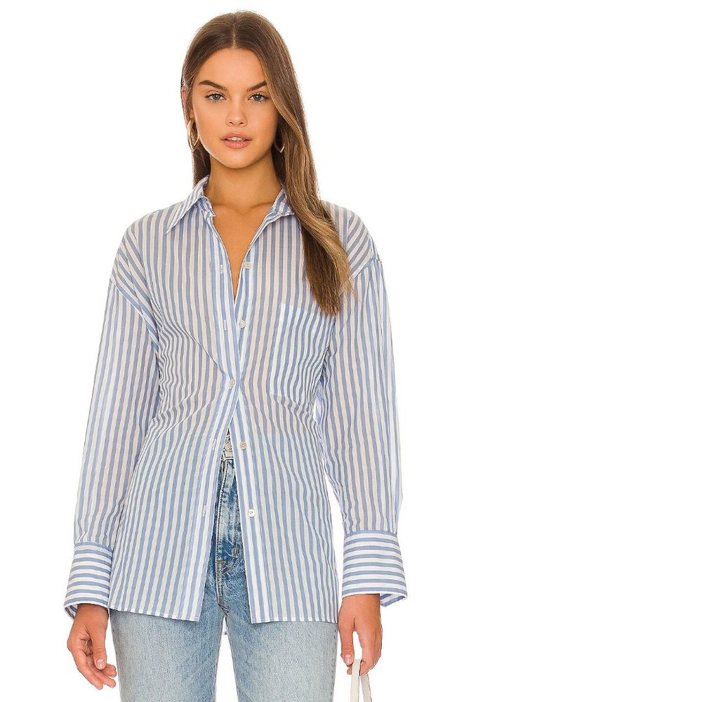VINCE Riviera Combo Striped Oversized Shirt, Medium